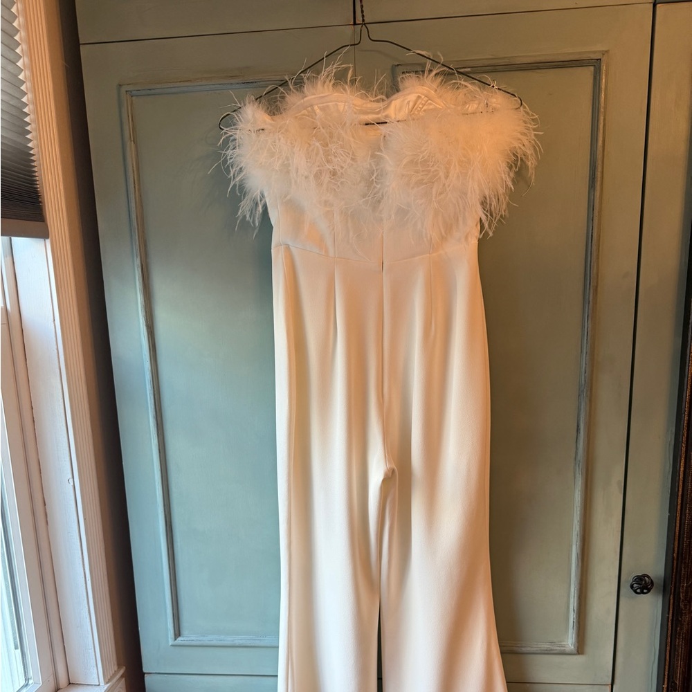 NADINE MERABI White Feather Strapless Jumpsuit - Picture 13 of 13